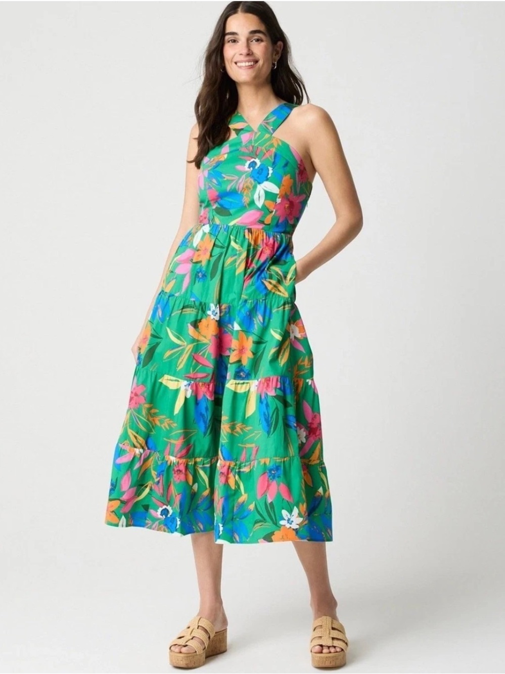 J. Crew Cotton Printed Tiered Floral Tropical Halter Midi Green Dress, Size 14